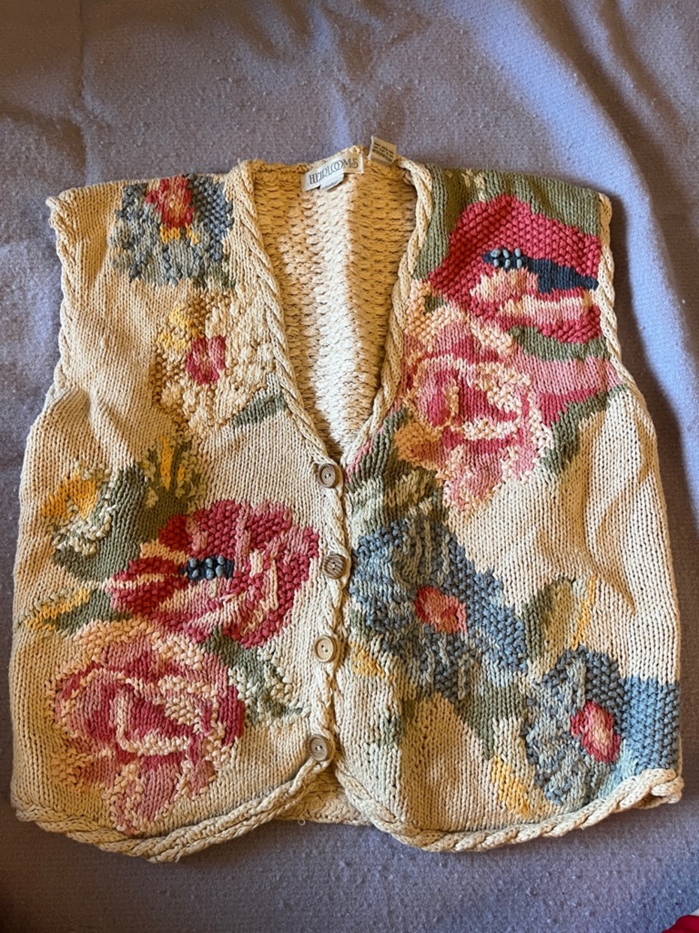 Heirloom Floral Knit Sleeveless Vest - Cream with Pink & Green